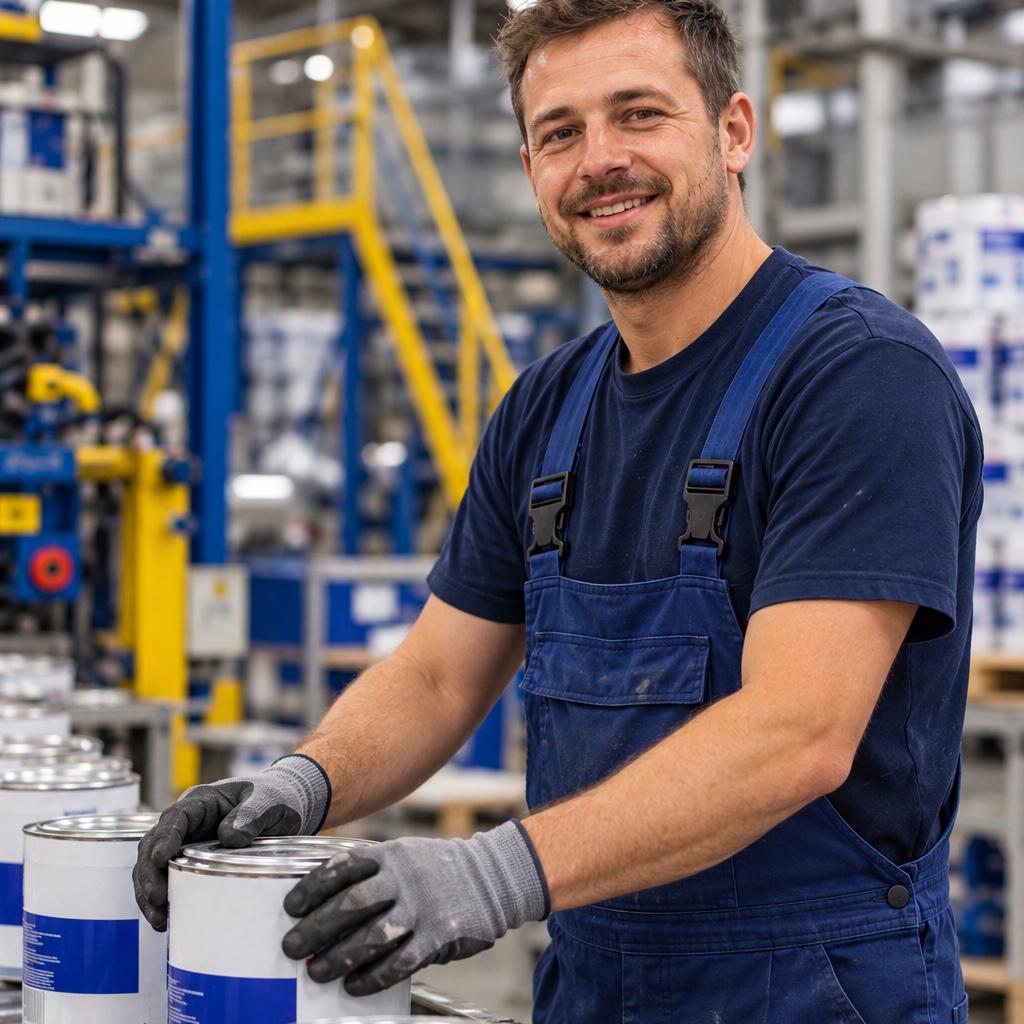 Produktionsmitarbeiter in Arbeitskleidung an einer Fertigungslinie